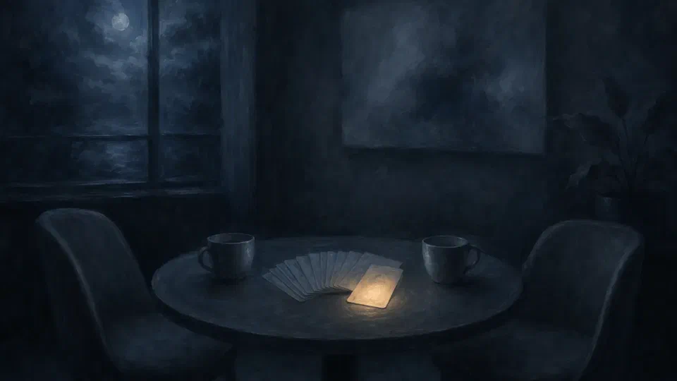 A moonlit table with two empty chairs, two cups, and a fanned deck of conversation cards, one card glowing amber.