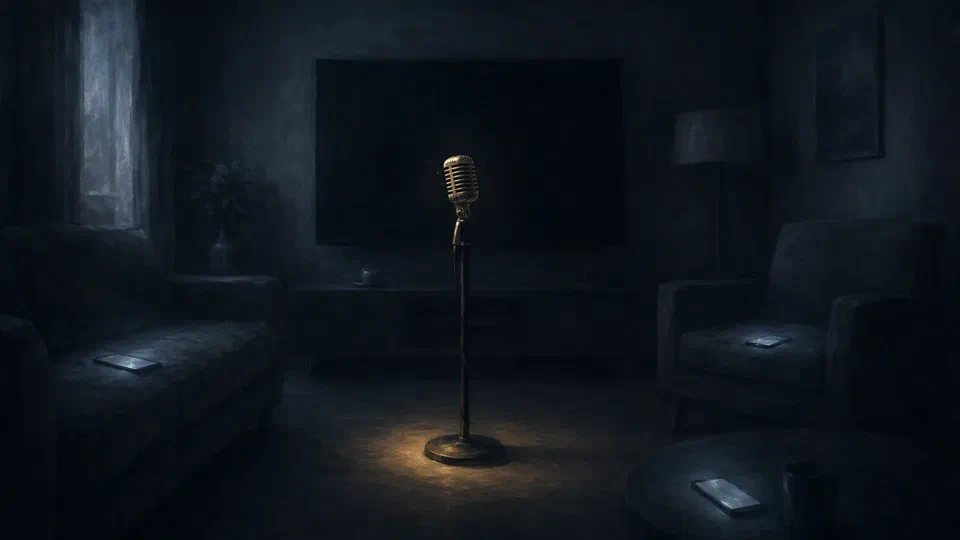 A vintage microphone on a stand in a dim living room under a soft amber spotlight, phones glowing around the room.