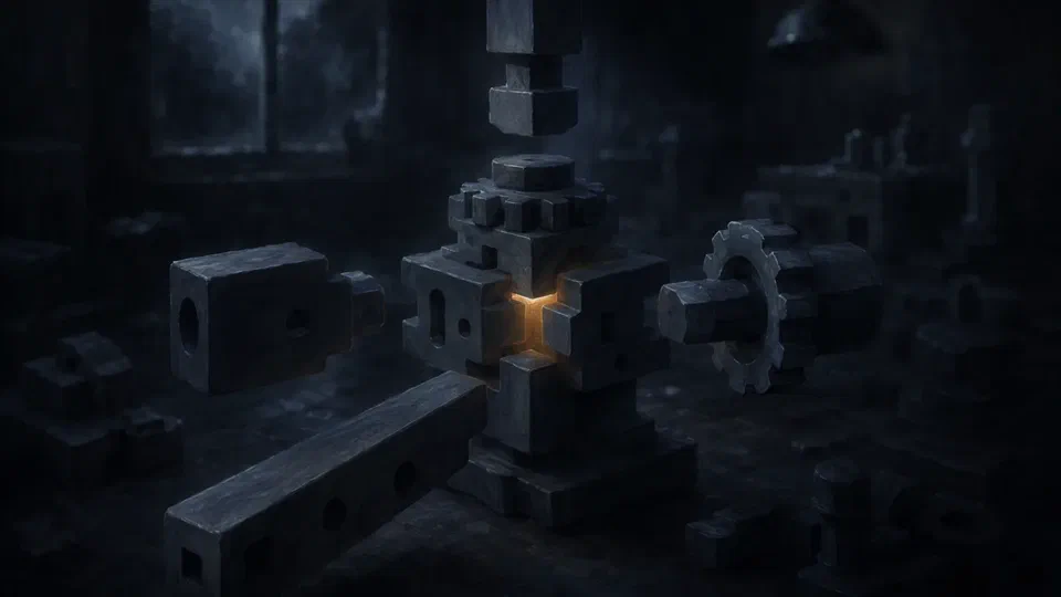 Modular blocks, beams, and gears fitting together on a dark workbench, their joint glowing amber.