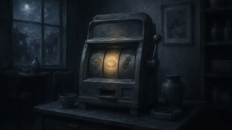 A vintage slot machine with noodle, dumpling, and skewer reels, the middle reel glowing amber.