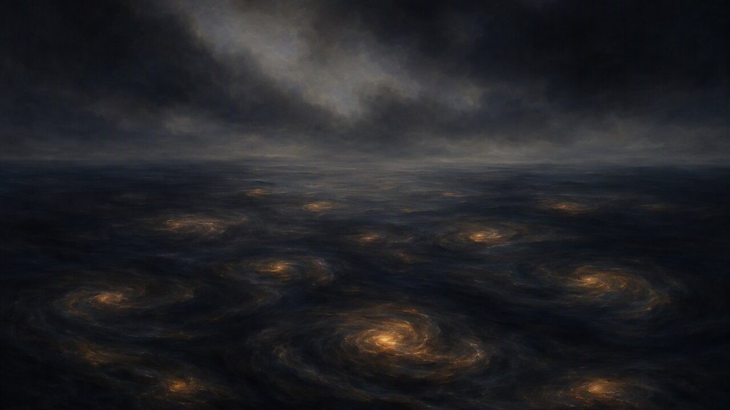 Many small local eddies glow faintly amber across a dark sea while a distant cloud mass stays dim.