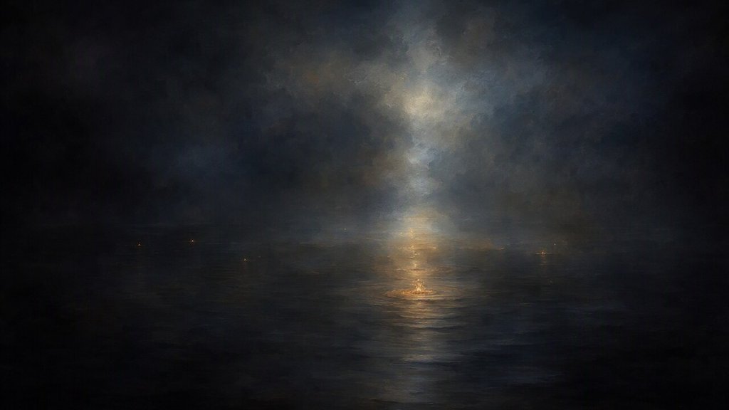 A still dark harbor where ripples spread only where small amber sparks touch the water.