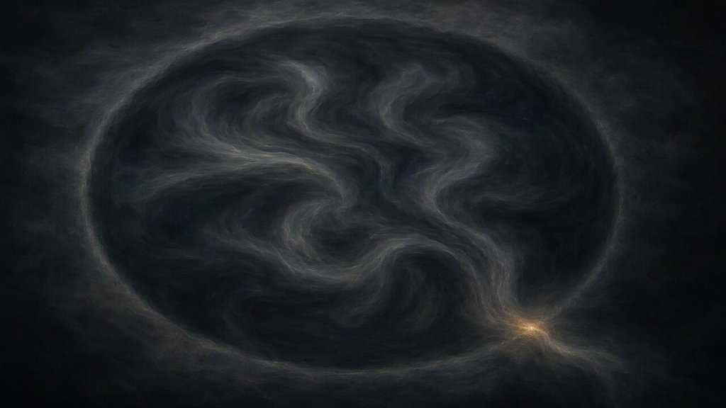 Currents held inside a soft circular boundary, with one leaking stream pinched shut at an amber glow.