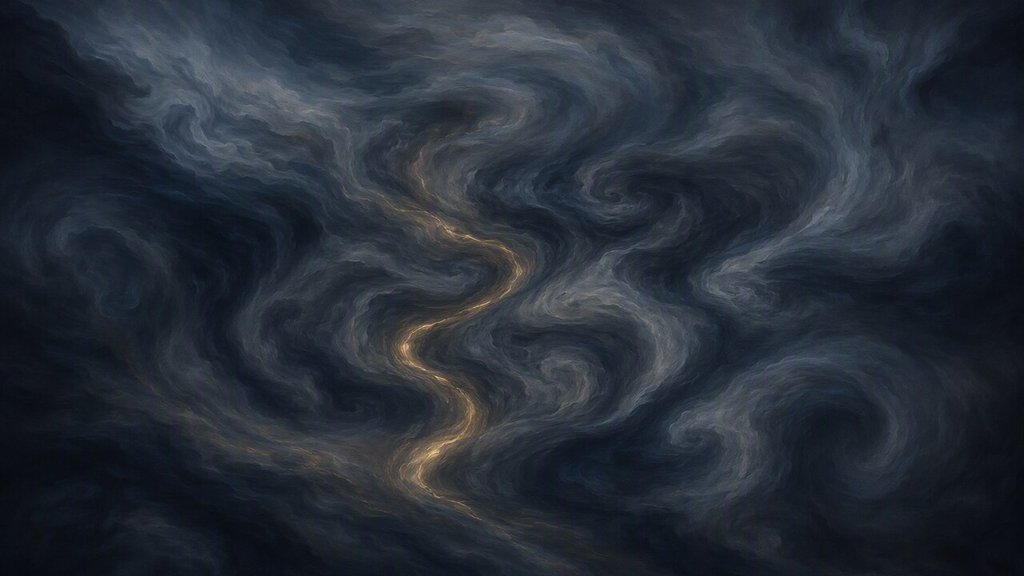 A soft amber thread traces through knotted, conflicting eddies, abstract oil painting