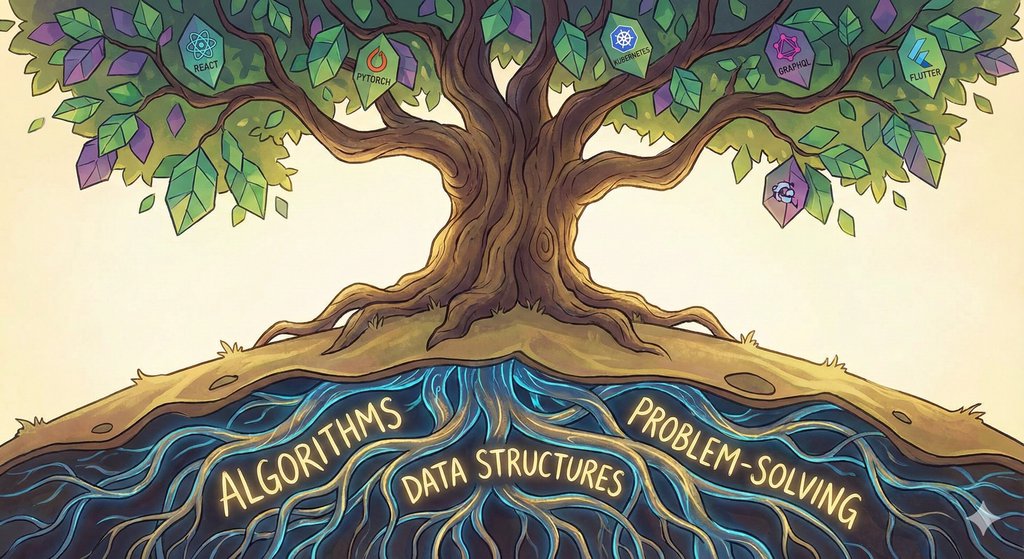 A strong tree with glowing roots labeled with foundational skills