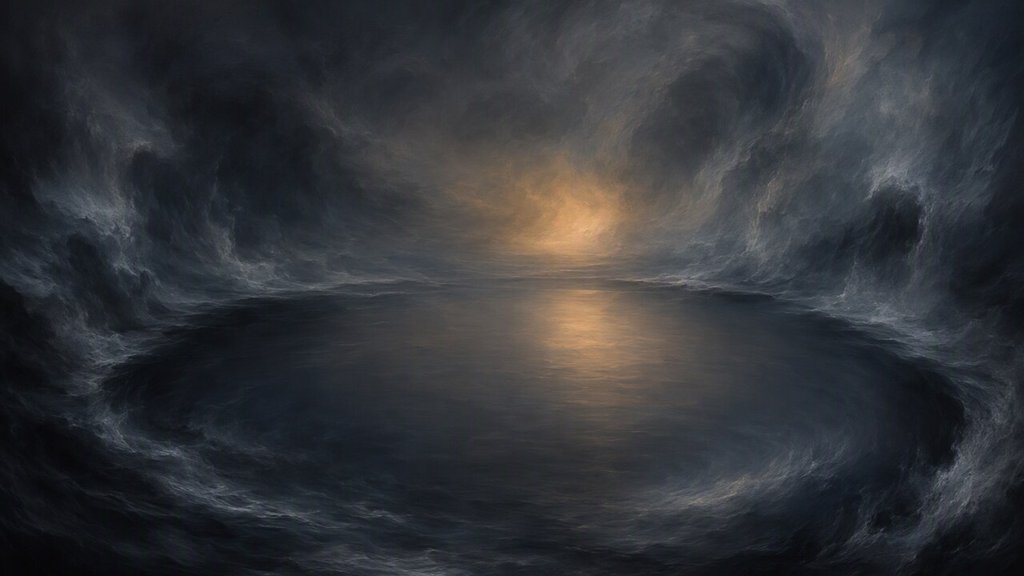 A still central pool holds a soft amber glow while a storm churns only at the far edges