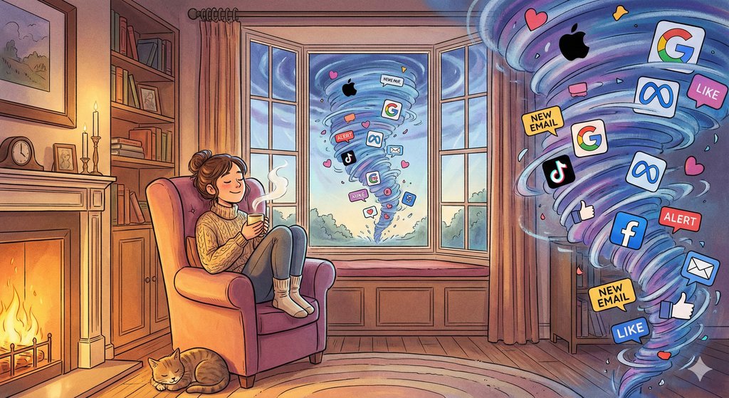 Person sitting peacefully while tech chaos swirls outside