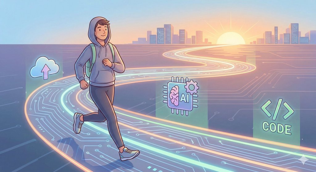 A developer jogging on a long digital road with glowing tech icons