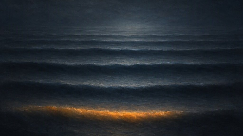 A calm, repeating rhythm of even waves, the newest band at the front glowing softly amber.