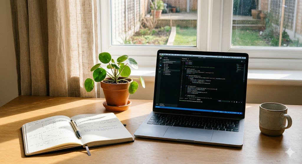 A calm morning workspace: laptop, notebook, and a healthy plant in sunlight.