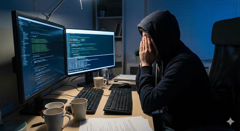 A tired software developer late at night, screens glowing and coffee cups nearby.